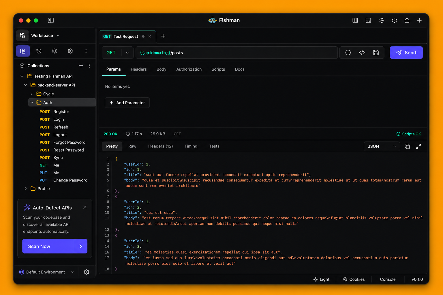 Fishman open-source API IDE showing collections, a POST login request, and a JSON response